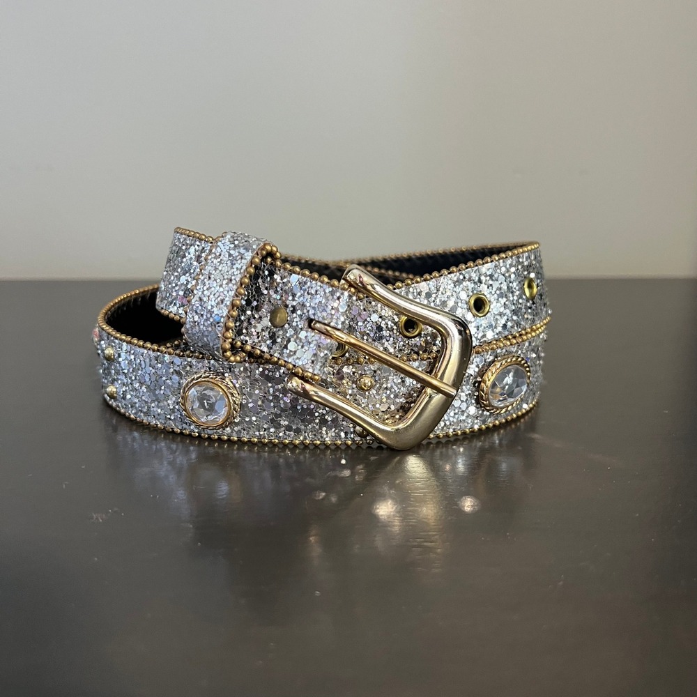 Elite Fresno Silver Glitter Rhinestone Belt Gold Beaded Trim Size L western glam